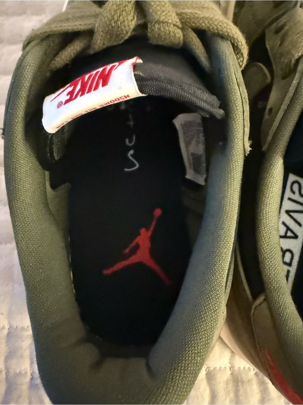 Nike Jordan’s 1 Travis Scott Men's Olive Green, Black and White Low-Top Sneakers - Picture 6 of 7